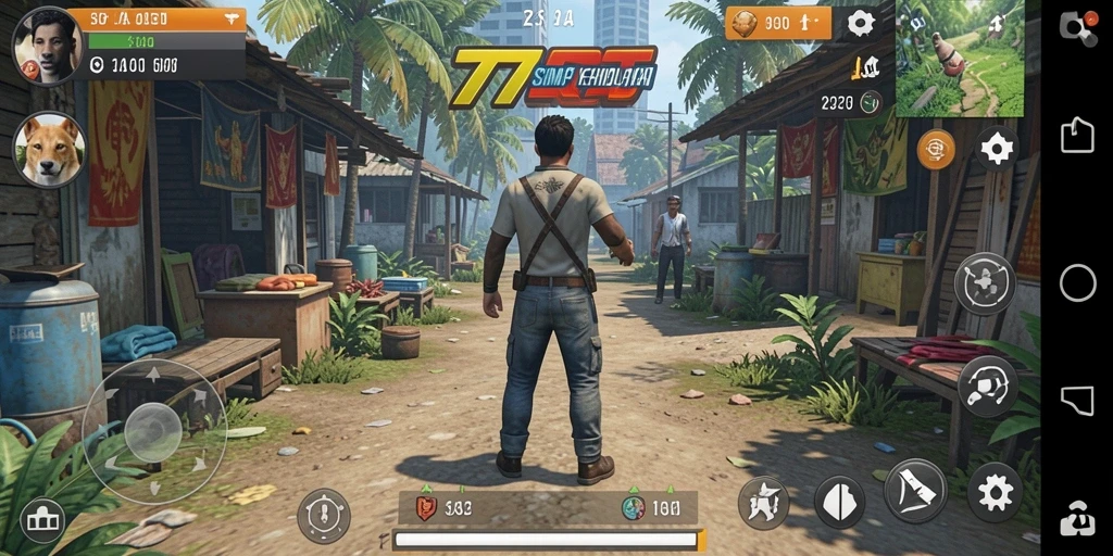 Screenshot gameplay 77RT dengan karakter berinteraksi dalam simulasi kehidupan.