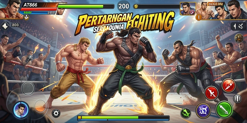Screenshot utama AT866 menampilkan aksi pertarungan yang intens dan karakter yang penuh warna.