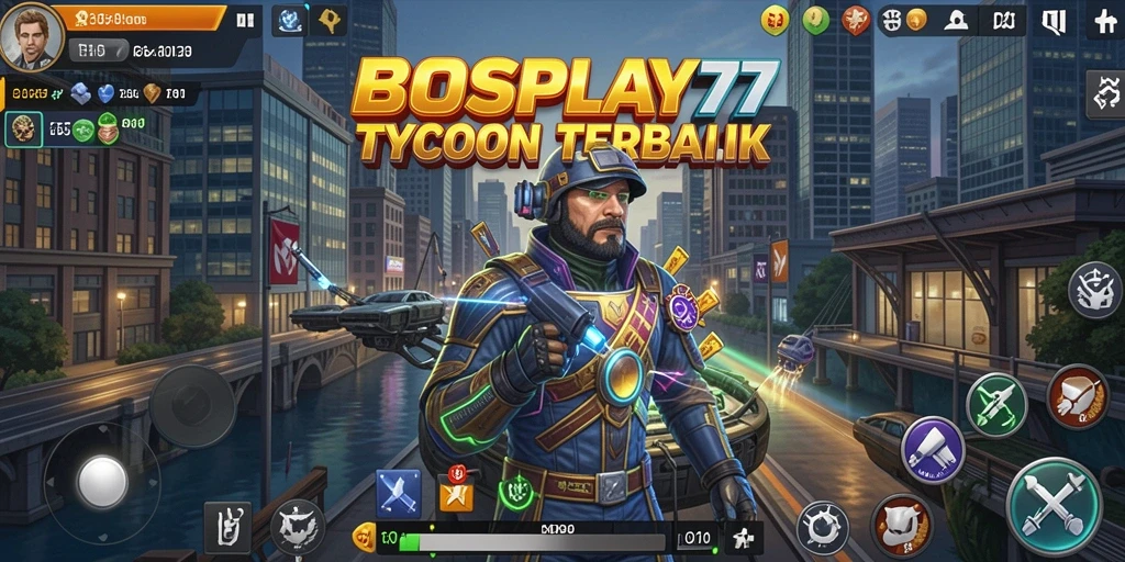Screenshot permainan BOSPLAY77 dengan tampilan manajemen bisnis.