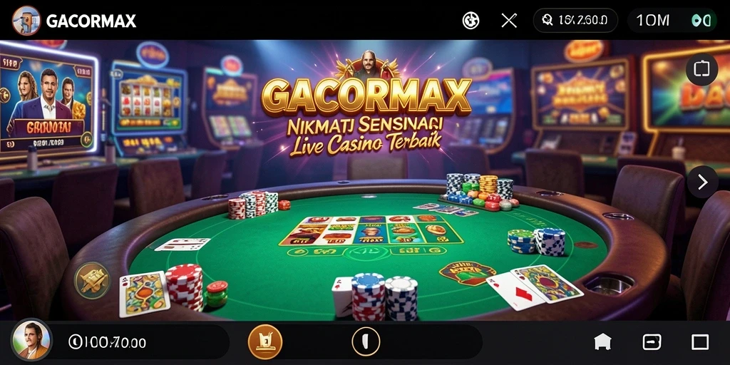 Screenshot gameplay GACORMAX menampilkan dealer langsung dan suasana kasino yang hidup.