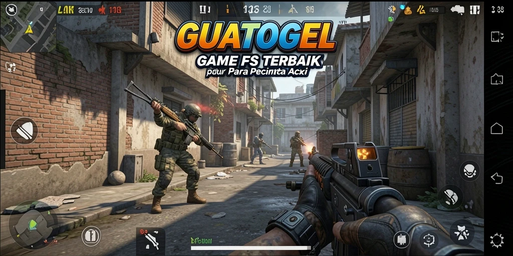 Screenshot utama GUATOGEL menunjukkan aksi intens dalam pertempuran FPS.