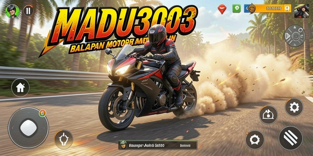 Gameplay mendebarkan dari MADU303 dengan balapan motor yang intens.
