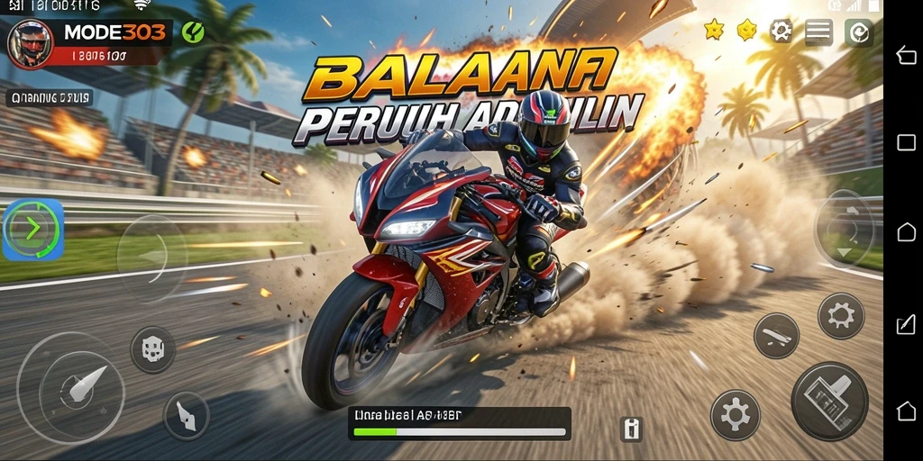 Screenshot permainan MODE303 menunjukkan kecepatan balapan motor yang mendebarkan.