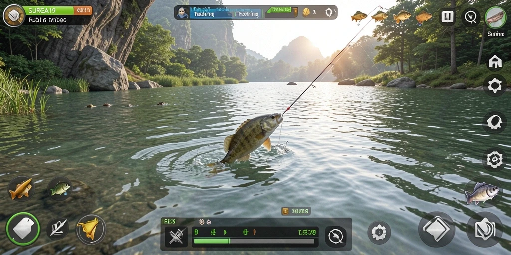 Tampilan gameplay <strong>SURGA19</strong> yang menampilkan momen menangkap ikan.