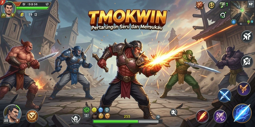 Tangkapan layar utama TMOKWIN menampilkan pertarungan karakter dalam aksi yang mendebarkan.